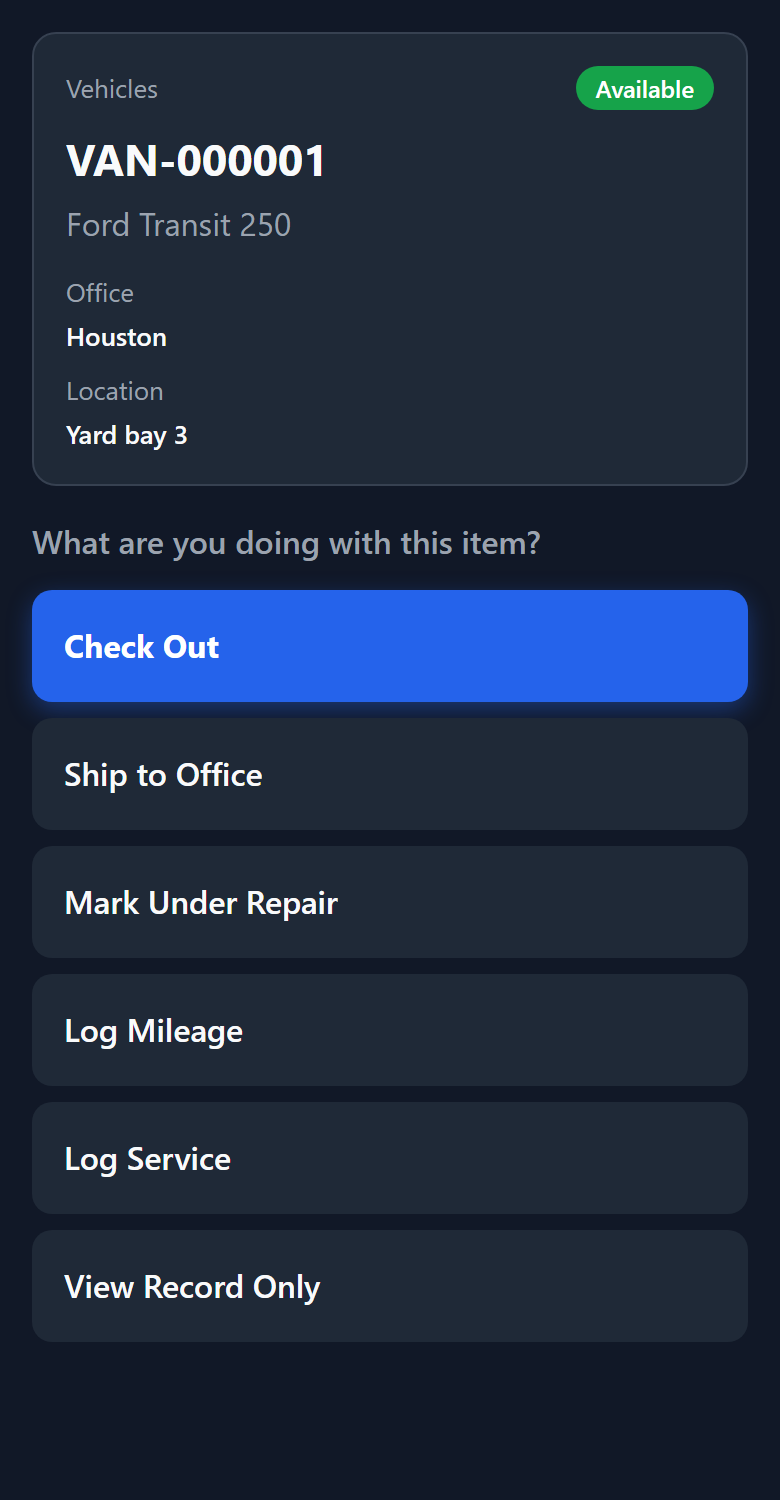 The Inventory scan page on a phone, showing an asset card and the list of actions available for its current status
